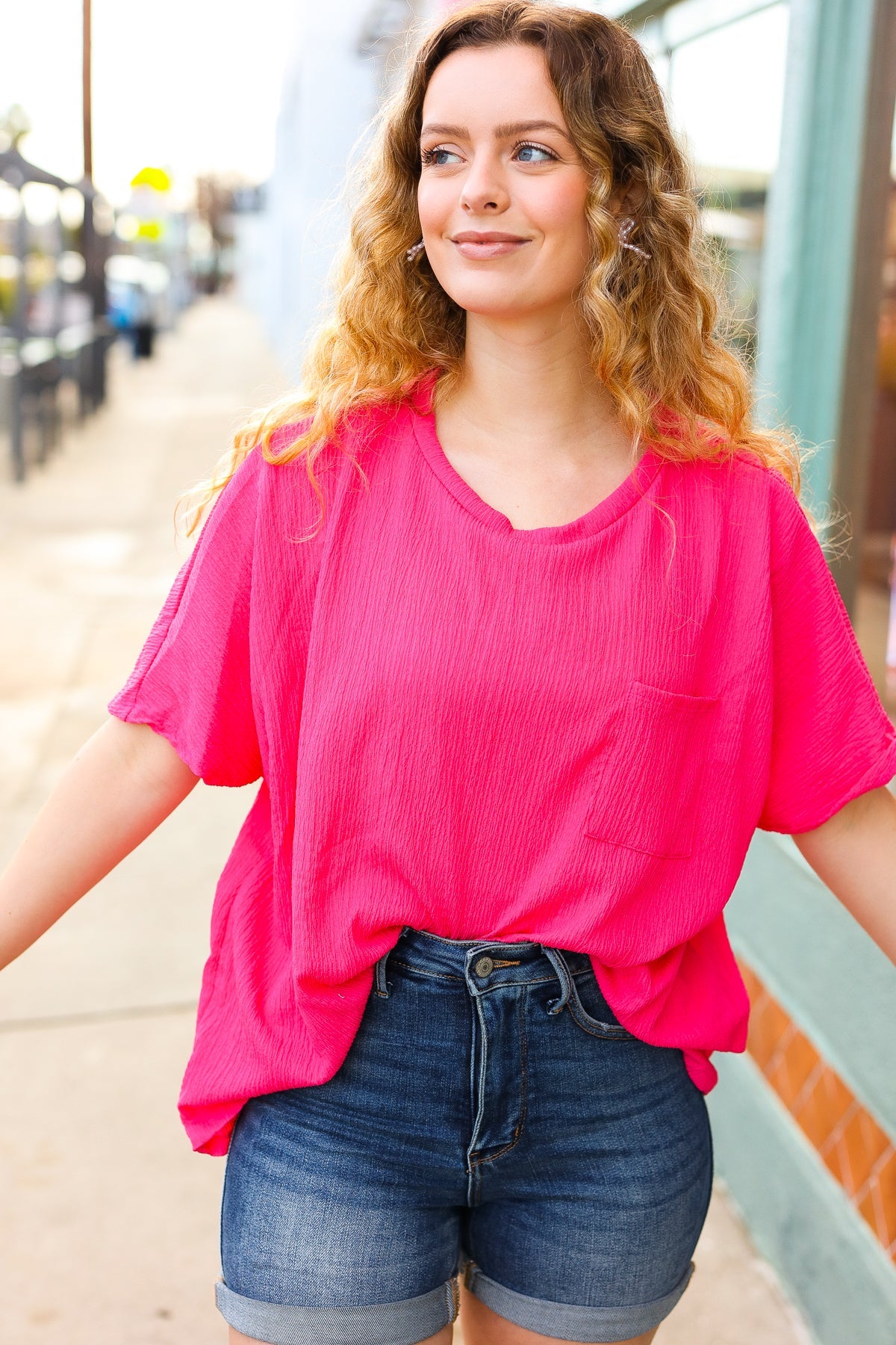 Beeson River Coral Crinkle Texture Pocketed Dolman Top