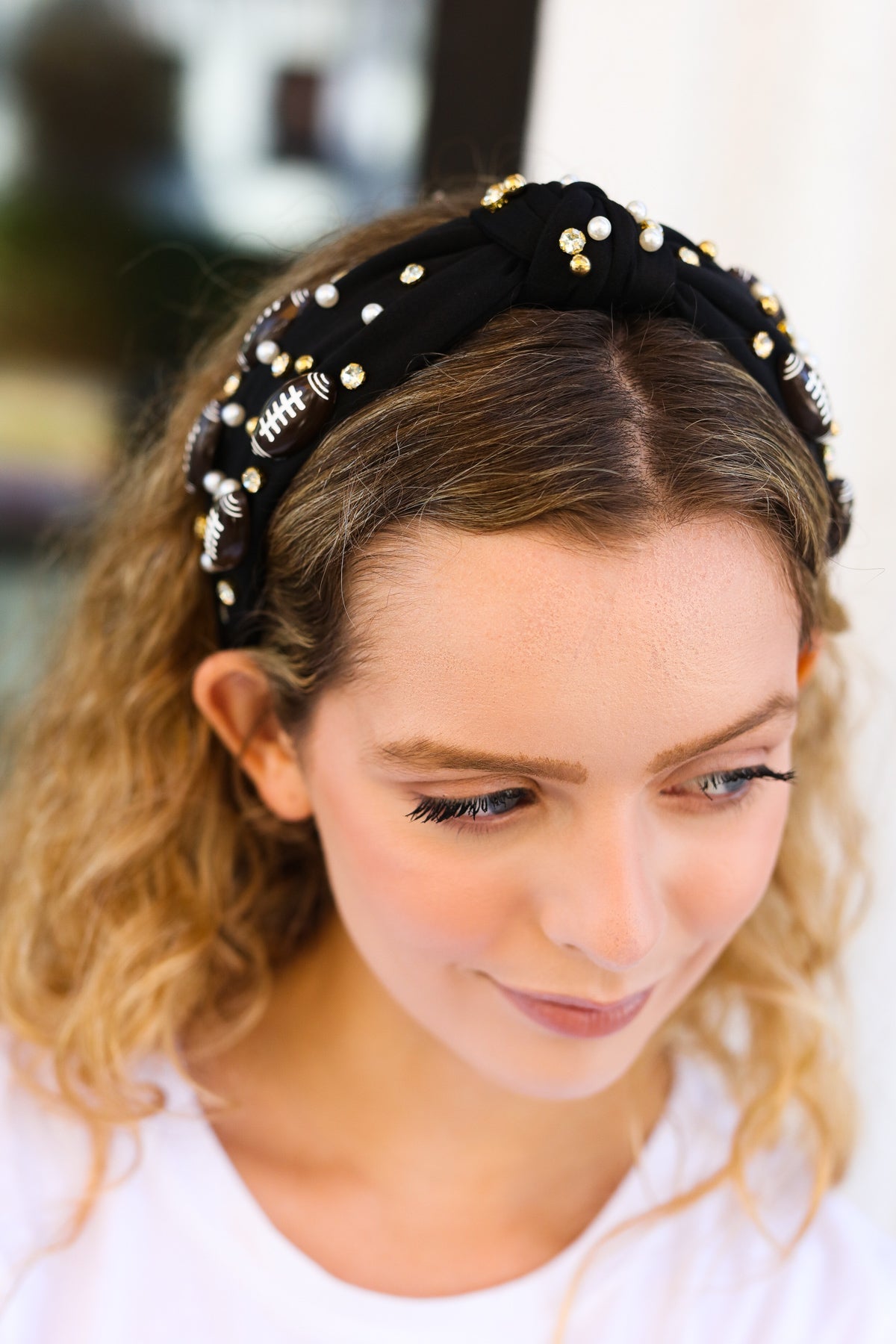 Jane Ruth Black Stone & Gem Football Embellished Top Knot Headband