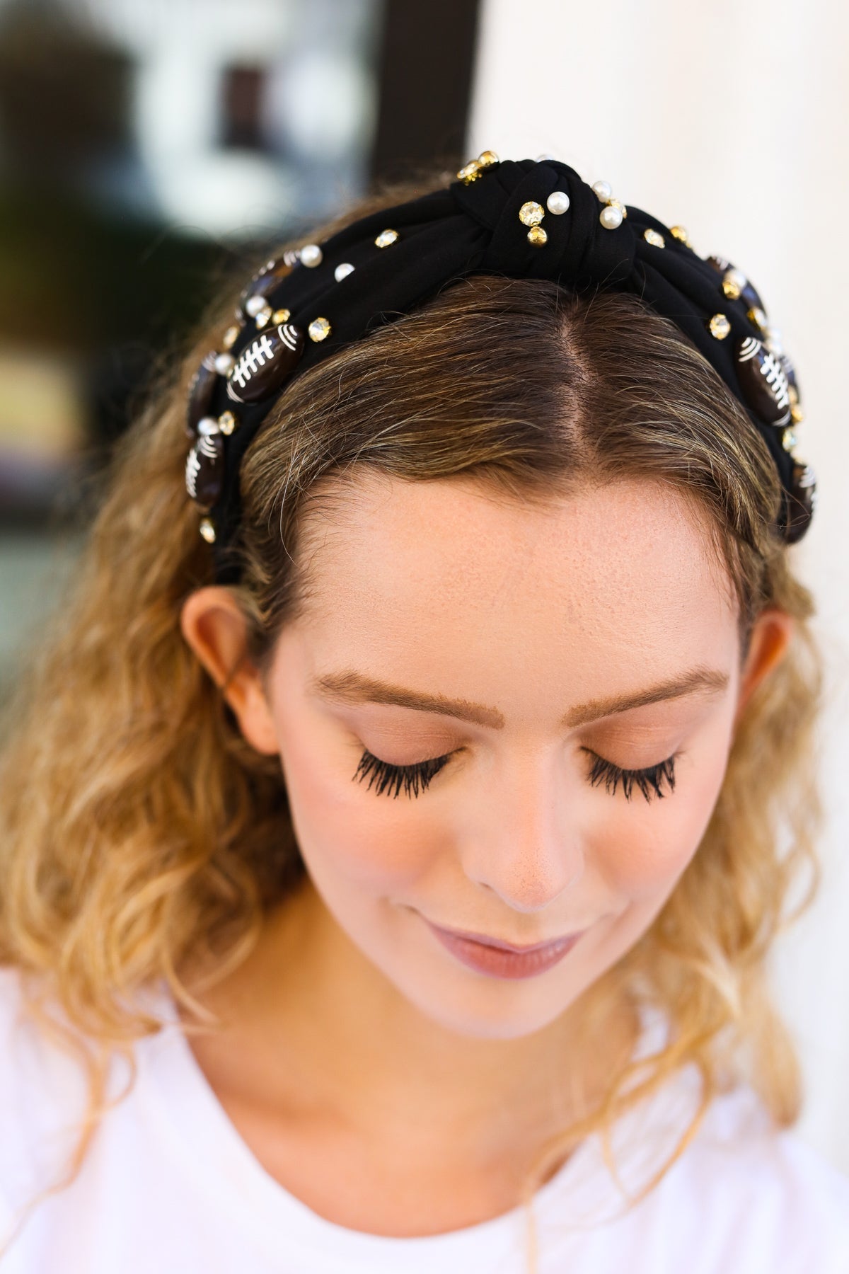 Jane Ruth Black Stone & Gem Football Embellished Top Knot Headband