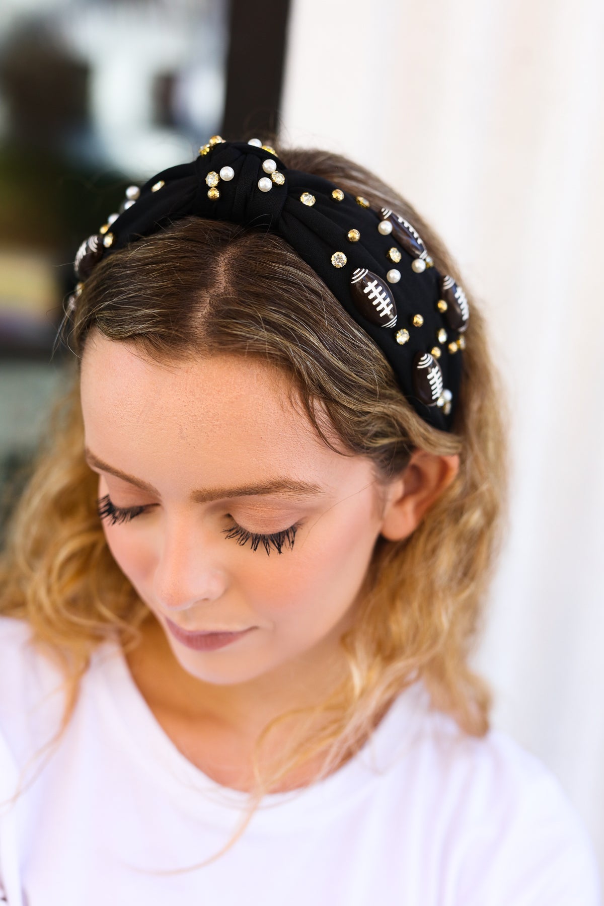 Jane Ruth Black Stone & Gem Football Embellished Top Knot Headband