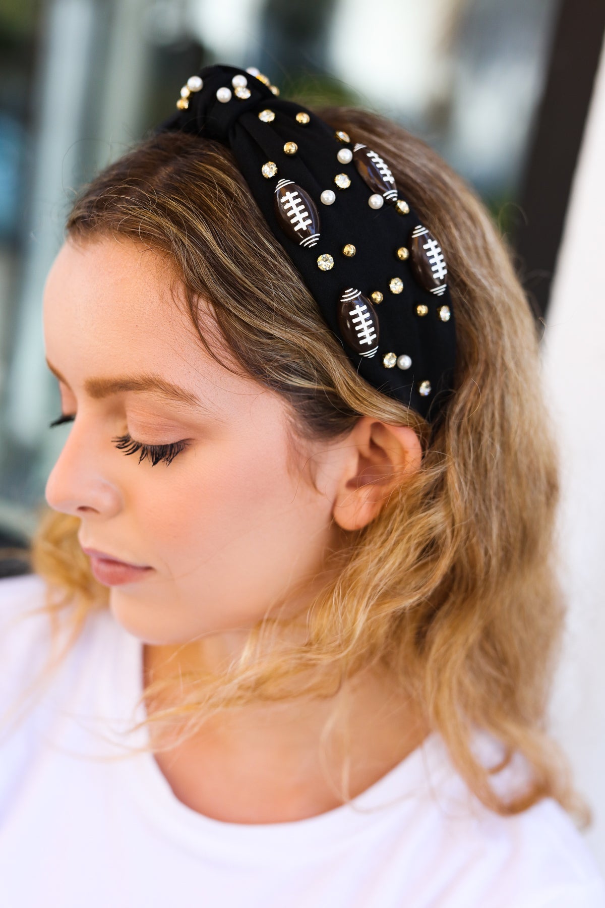 Jane Ruth Black Stone & Gem Football Embellished Top Knot Headband