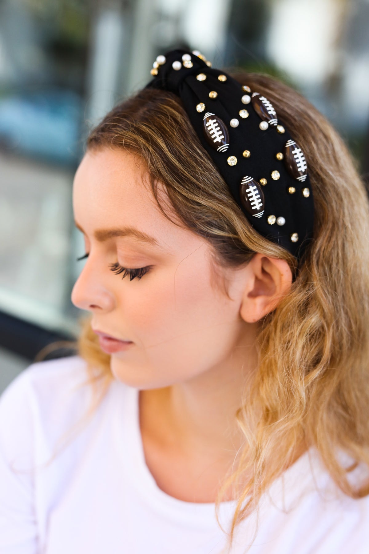 Jane Ruth Black Stone & Gem Football Embellished Top Knot Headband