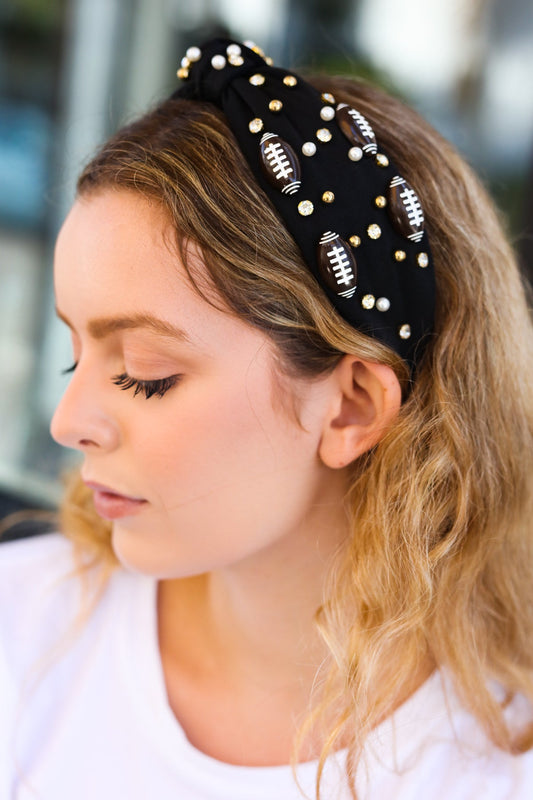 Jane Ruth Black Stone & Gem Football Embellished Top Knot Headband