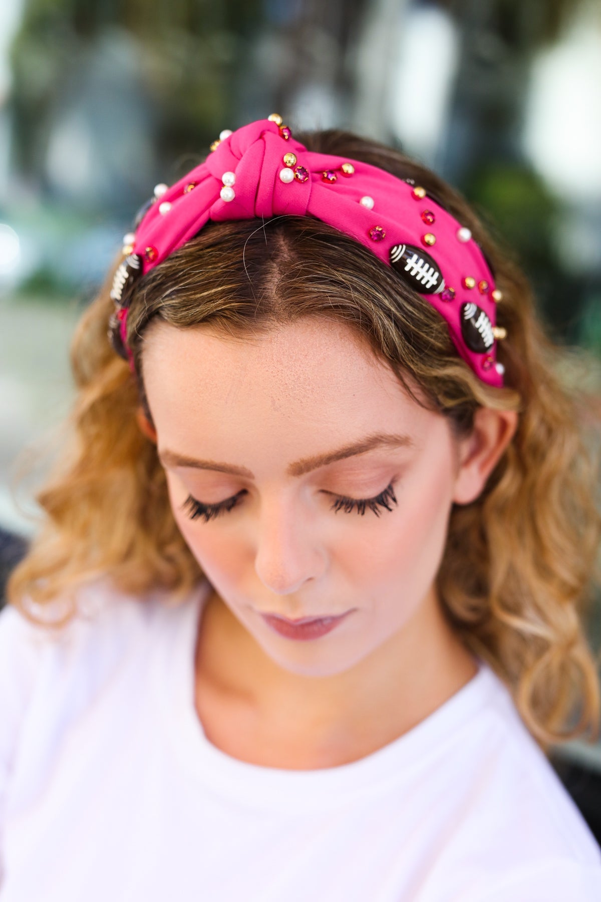 Jane Ruth Fuchsia Stone & Gem Football Embellished Top Knot Headband