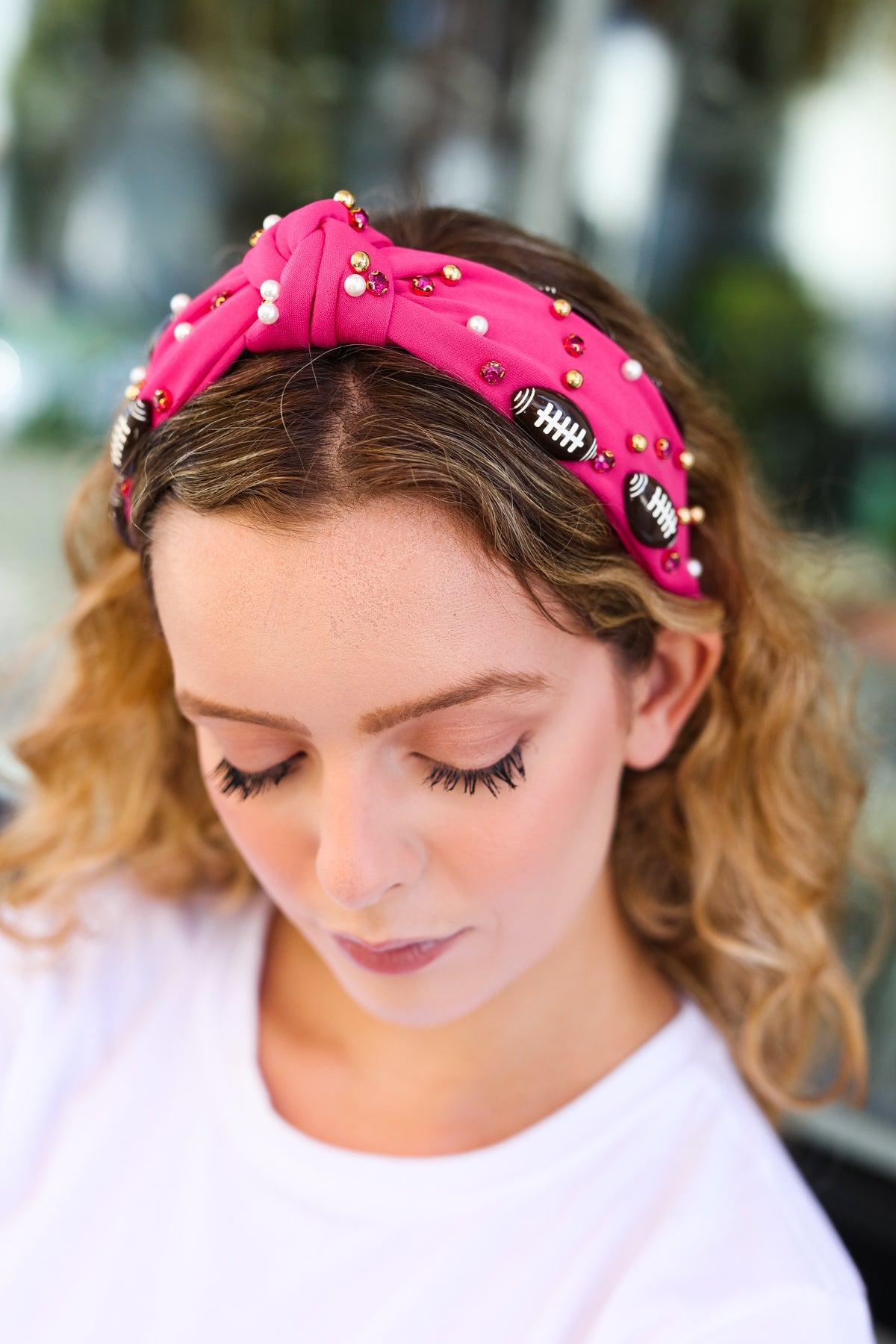 Jane Ruth Fuchsia Stone & Gem Football Embellished Top Knot Headband