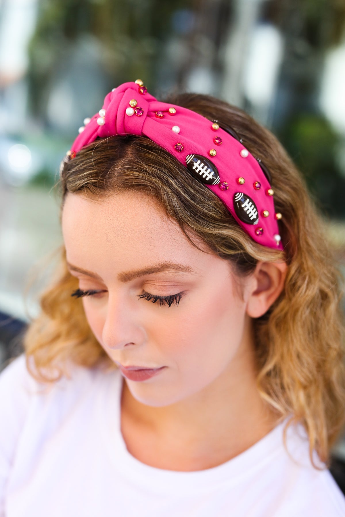 Jane Ruth Fuchsia Stone & Gem Football Embellished Top Knot Headband