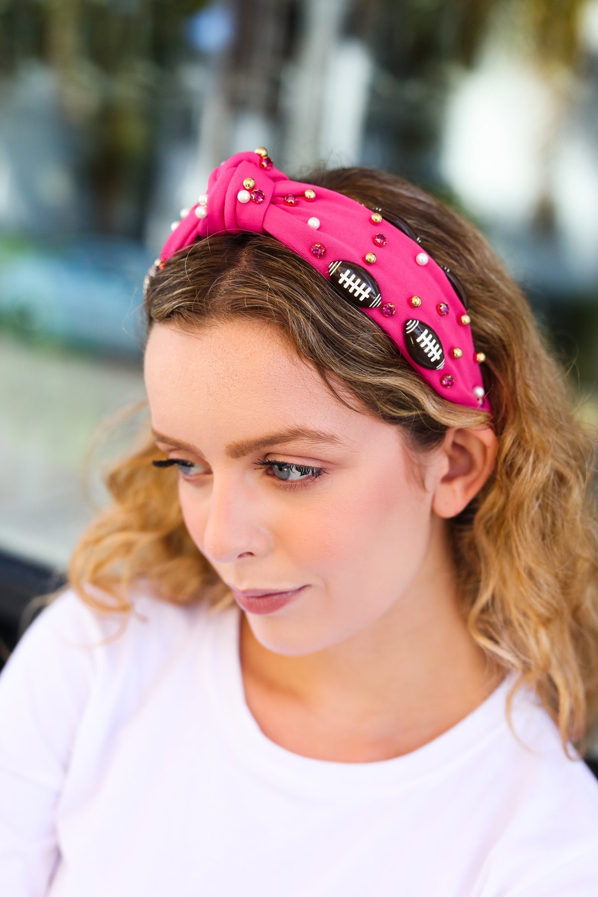 Jane Ruth Fuchsia Stone & Gem Football Embellished Top Knot Headband