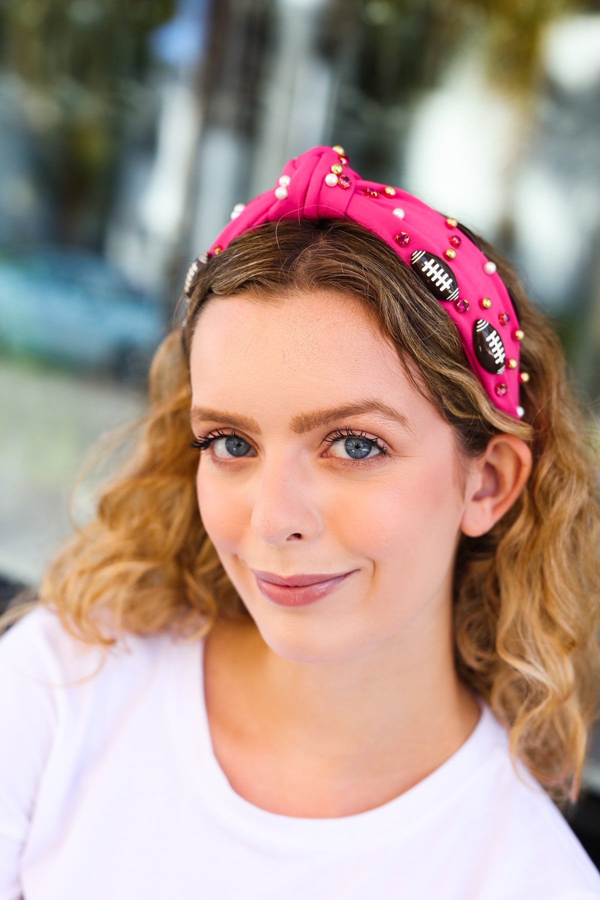 Jane Ruth Fuchsia Stone & Gem Football Embellished Top Knot Headband