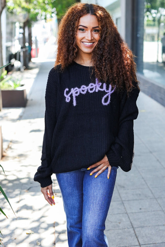 Haptics Black Embroidered "Spooky" Chunky Sweater