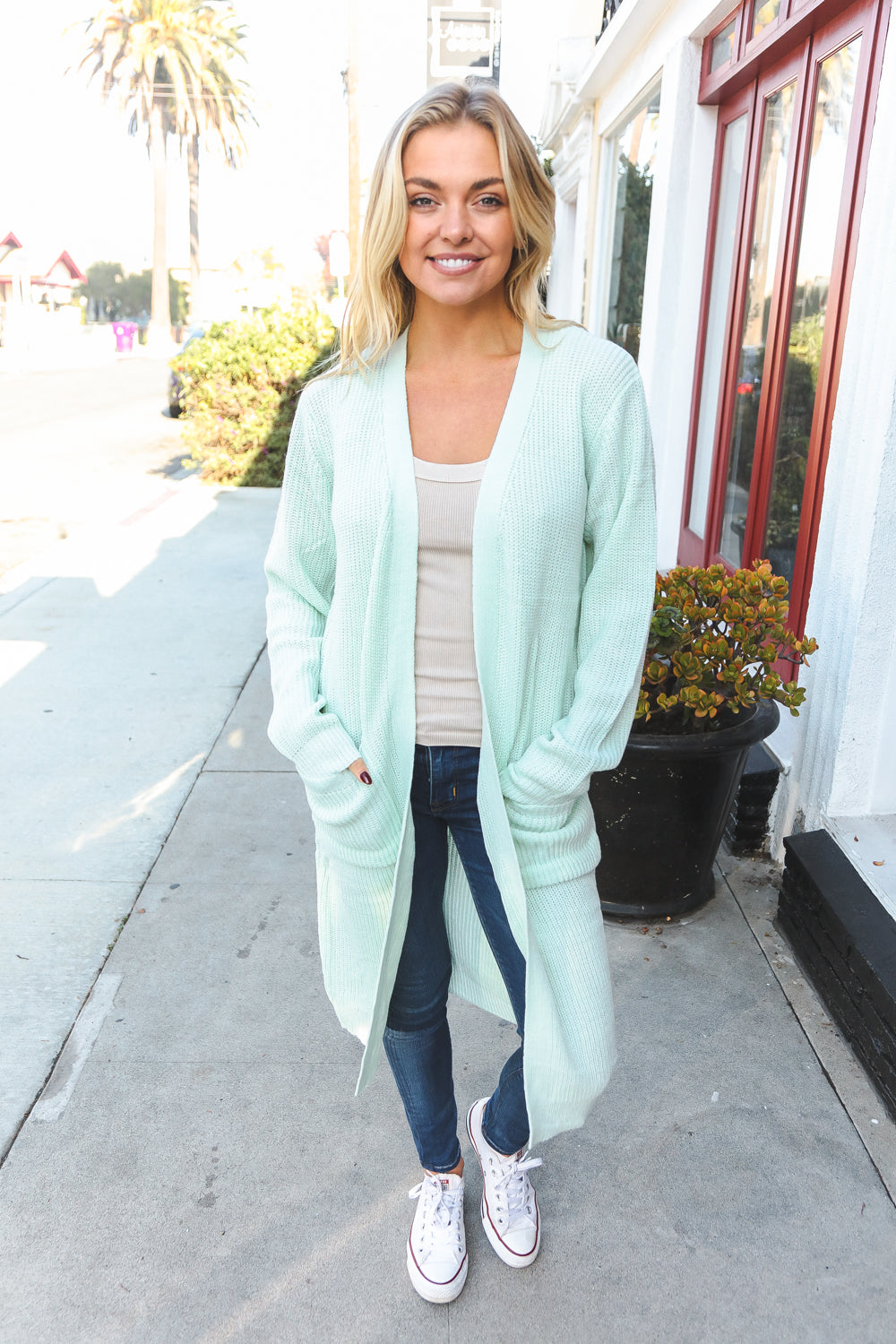 Mint Brushed Ribb Front Pocket Open Cardigan