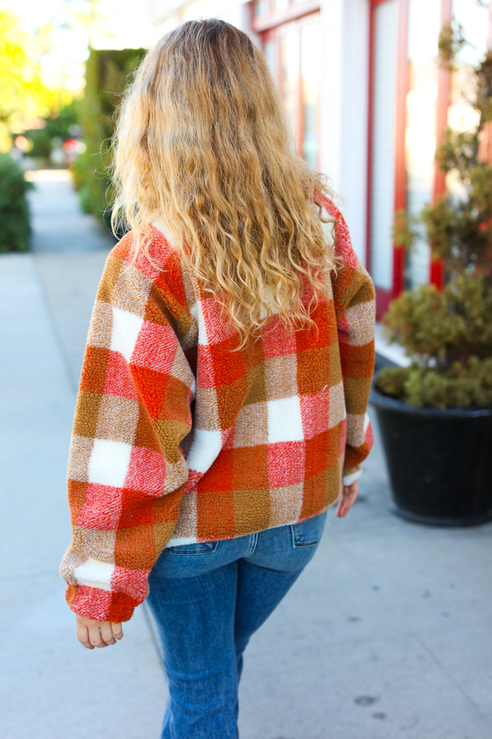 Haptics Rust & Camel Plaid Sherpa Button Down Jacket