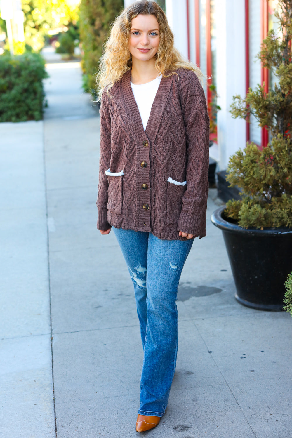 BIBI Brown Button Down Boyfriend Cardigan