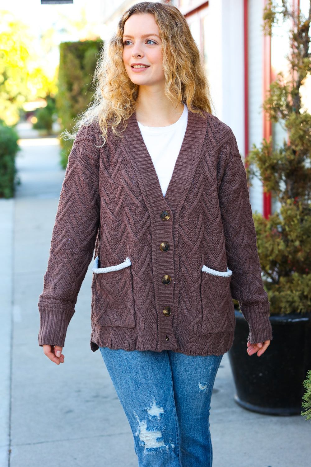 BIBI Brown Button Down Boyfriend Cardigan