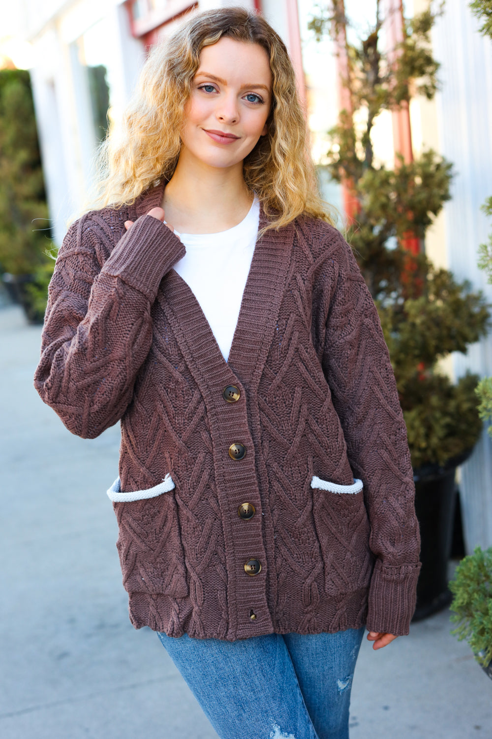 BIBI Brown Button Down Boyfriend Cardigan