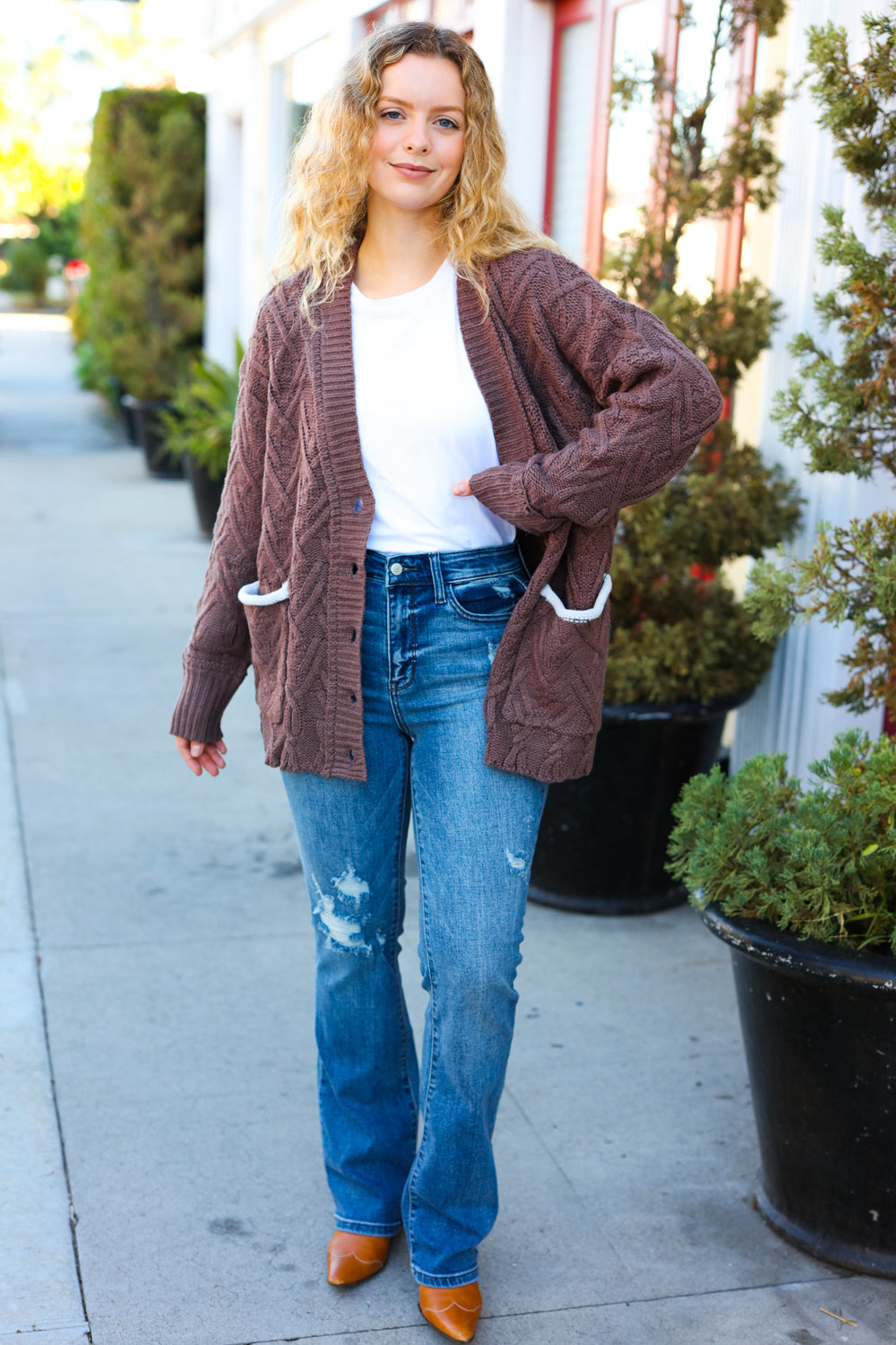 BIBI Brown Button Down Boyfriend Cardigan