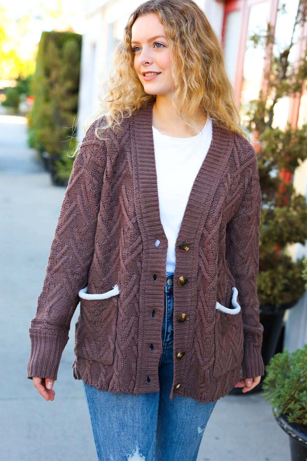 BIBI Brown Button Down Boyfriend Cardigan