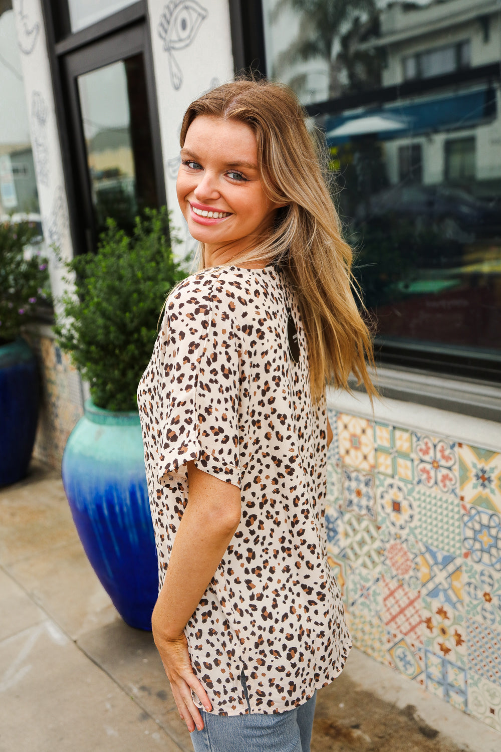 Ivory Animal Print Dolman Collar Button Down Top