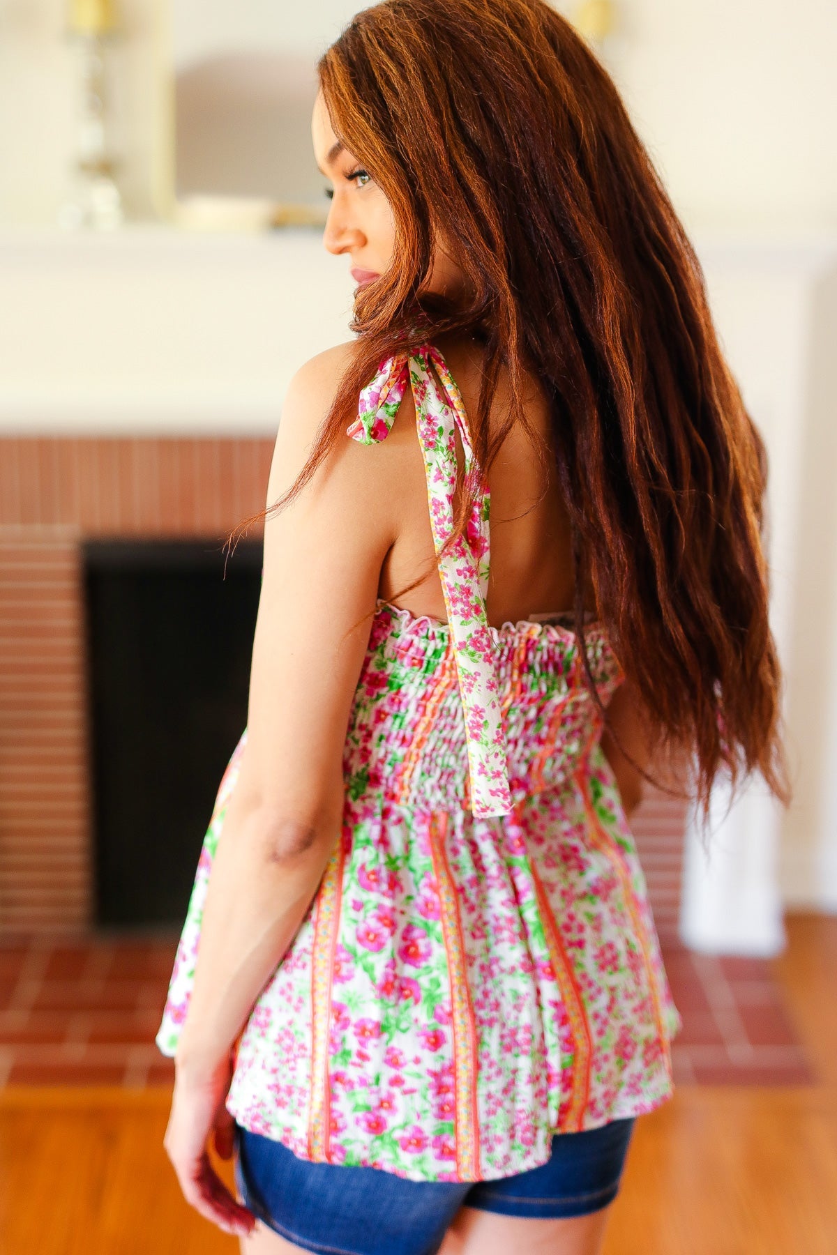 Haptics Ivory & Fuchsia Floral Smocked Shoulder Tie Top