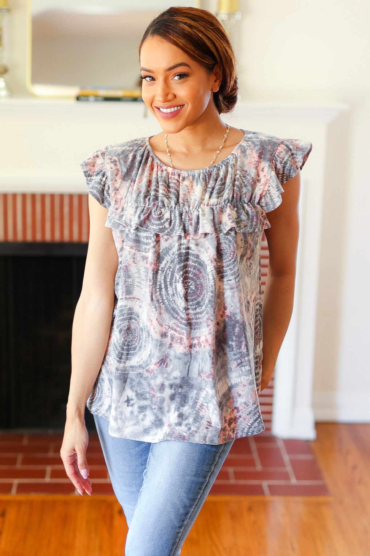 Ces Femme Gray & Coral Tie Dye Frilled Short Sleeve Yoke Top