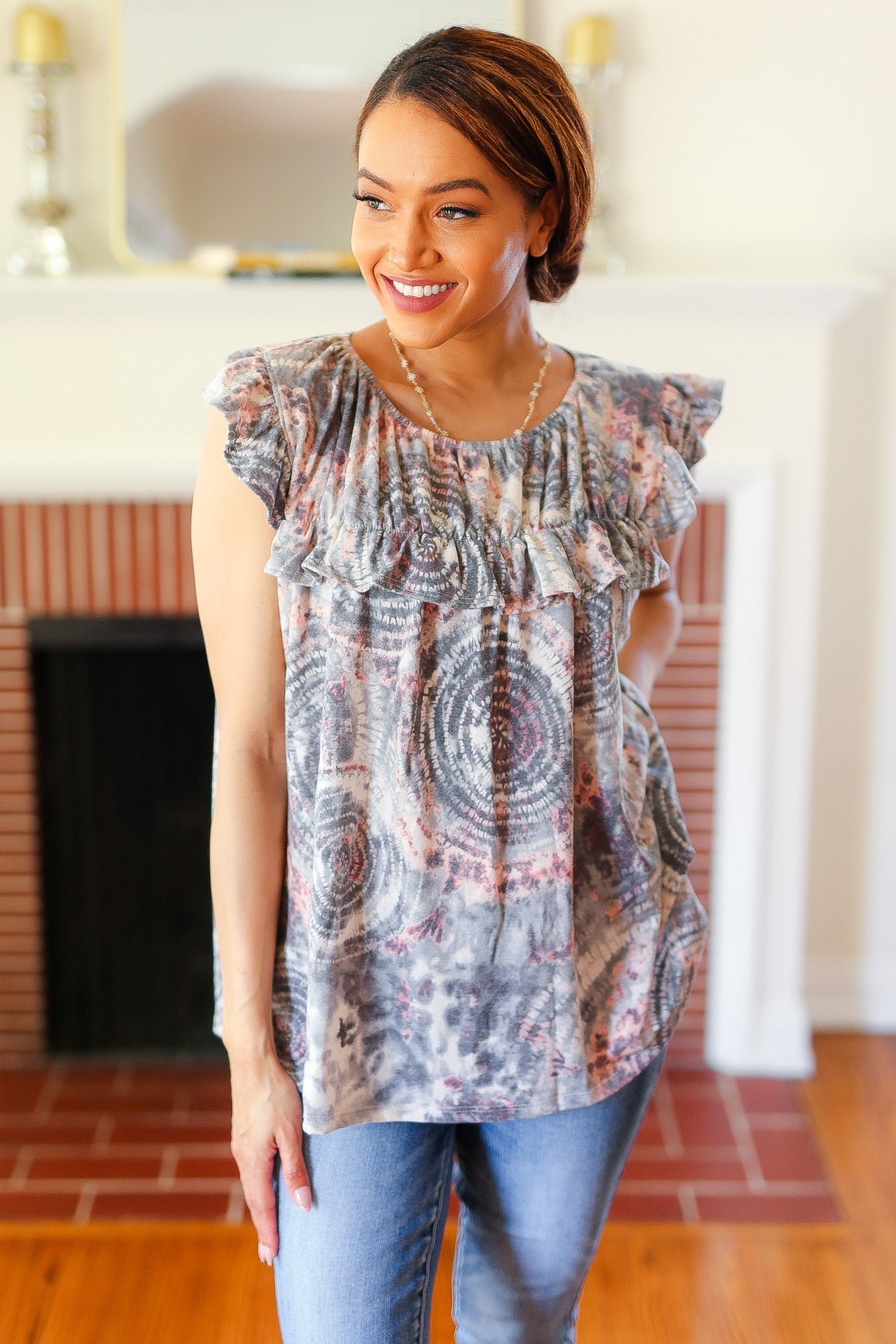 Ces Femme Gray & Coral Tie Dye Frilled Short Sleeve Yoke Top