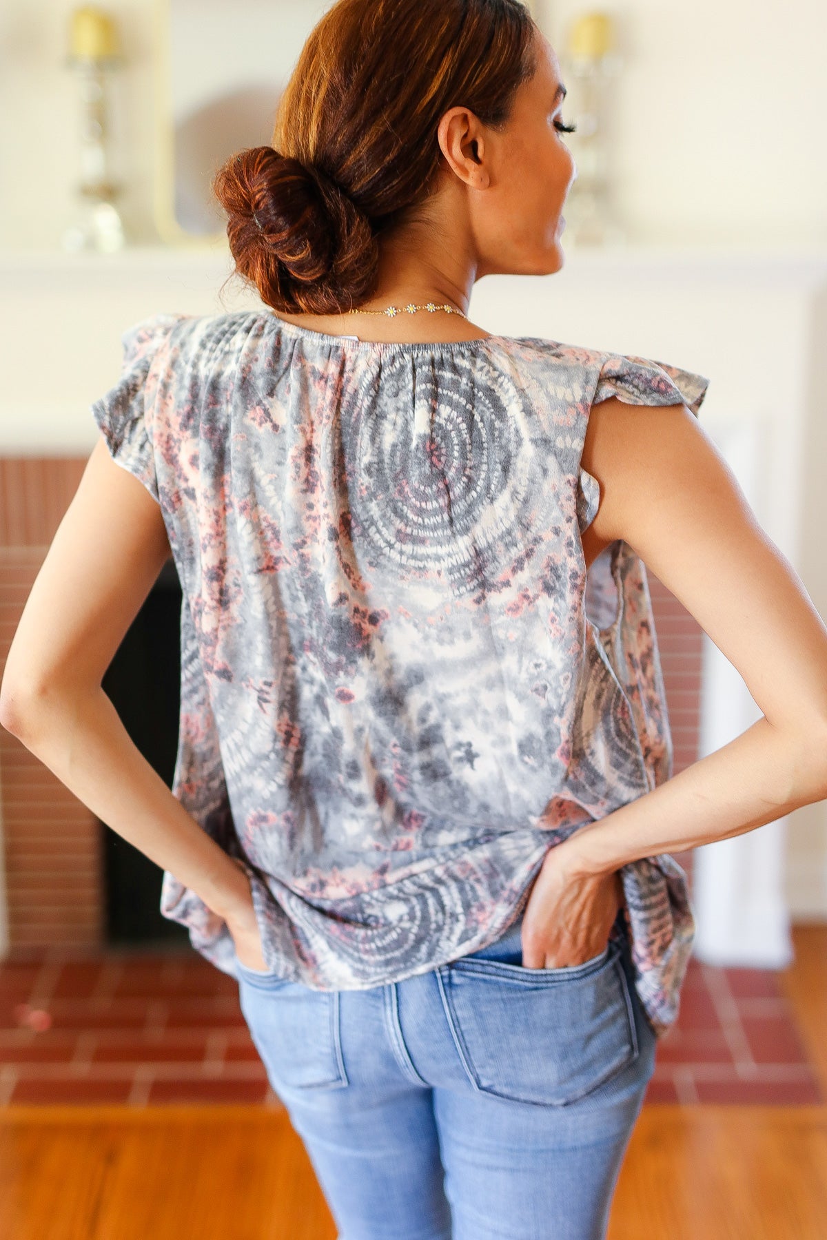 Ces Femme Gray & Coral Tie Dye Frilled Short Sleeve Yoke Top