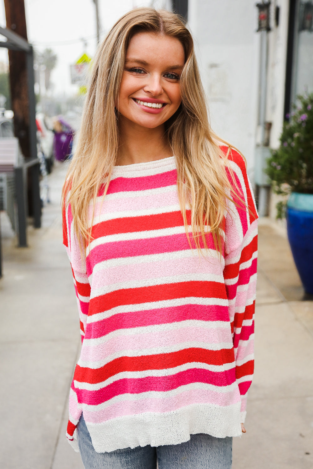 Red/Pink Loose Knit Stripe Ribbed Pullover