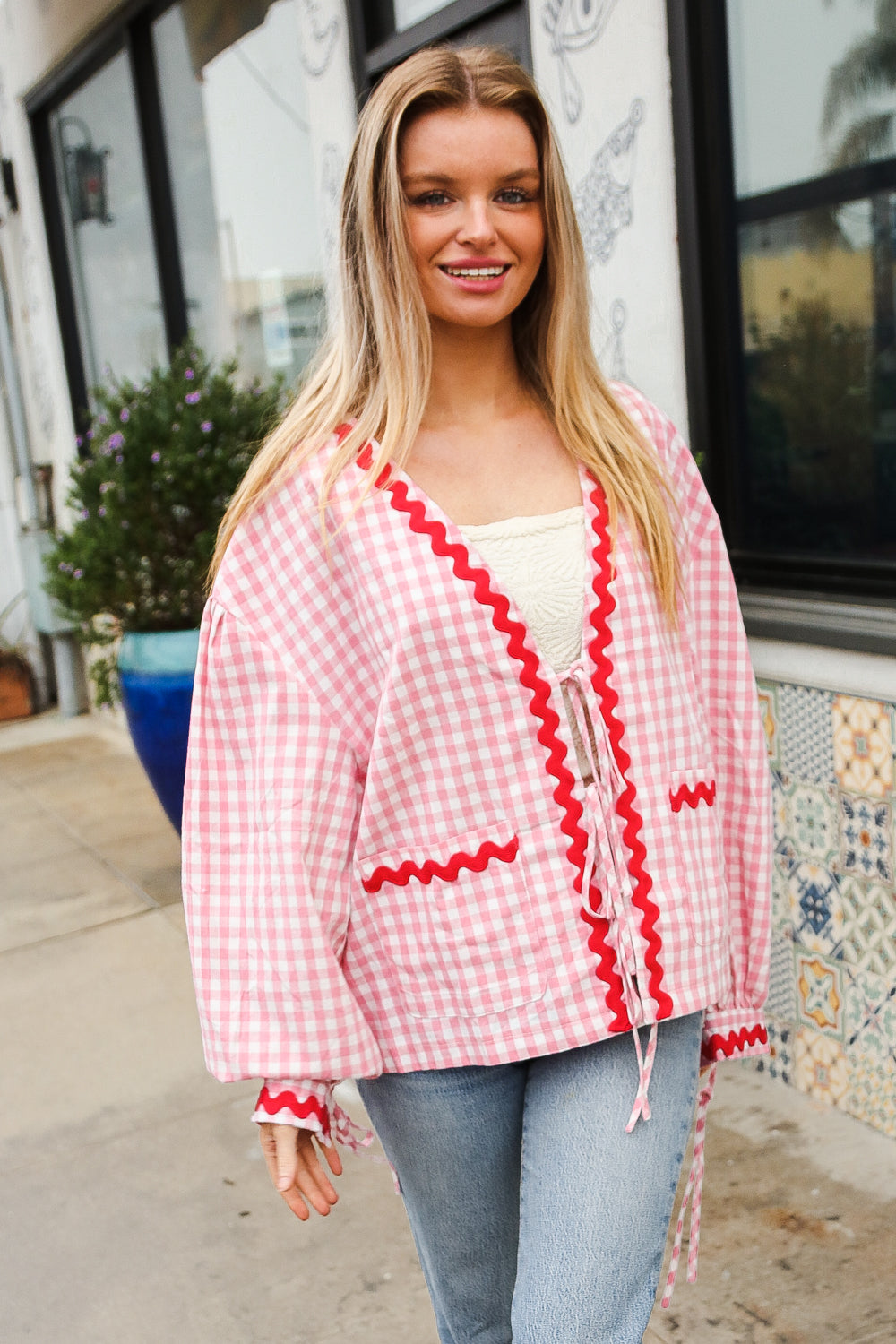 Red & Pink Cotton Ribbon Tie Gingham Pocket Jacket