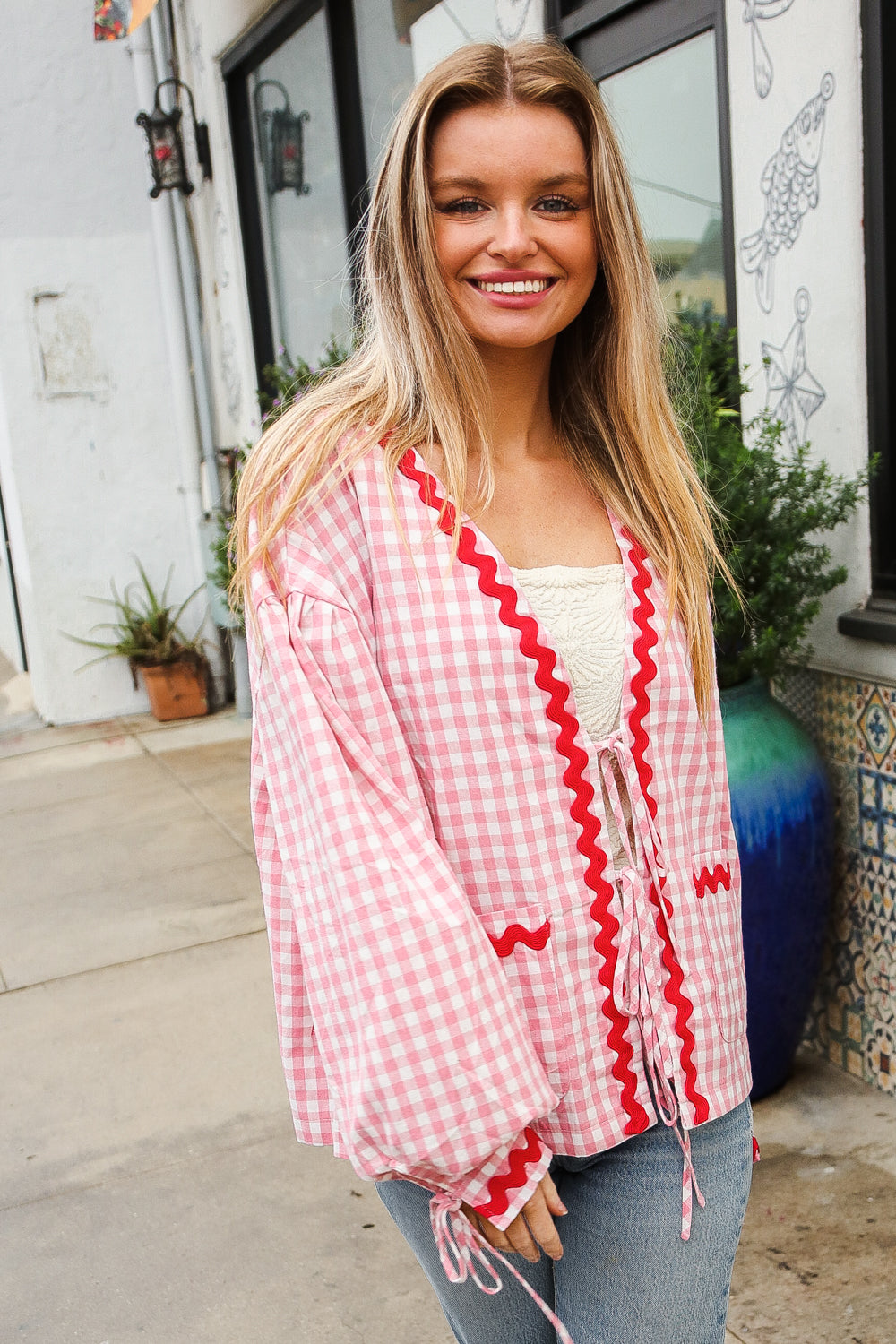 Red & Pink Cotton Ribbon Tie Gingham Pocket Jacket