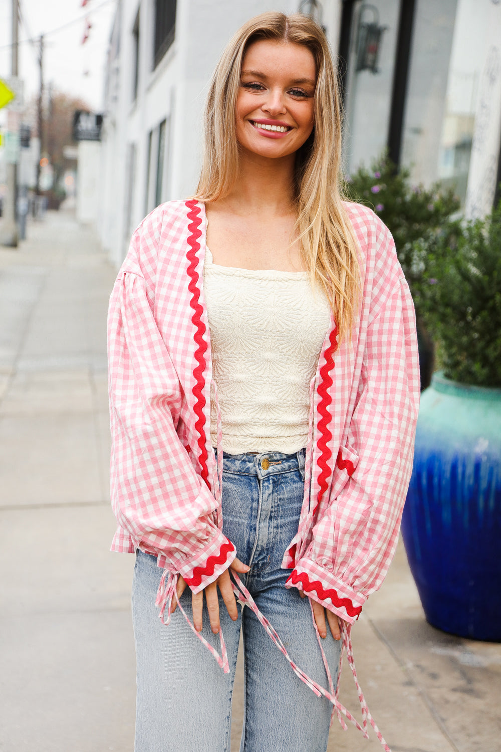 Red & Pink Cotton Ribbon Tie Gingham Pocket Jacket