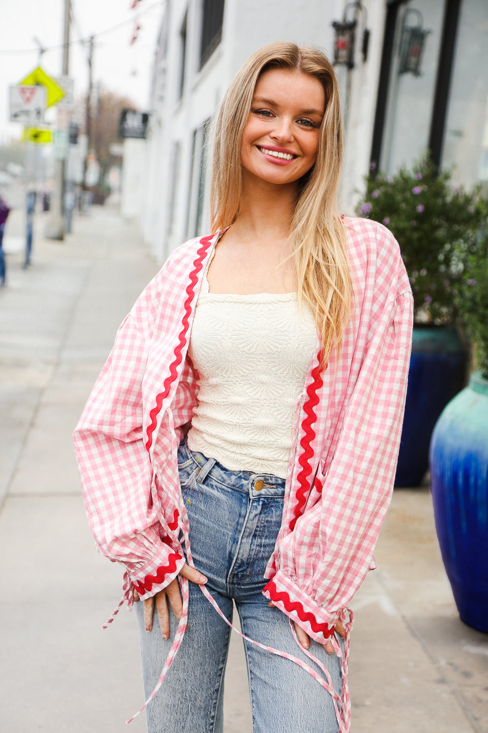 Red & Pink Cotton Ribbon Tie Gingham Pocket Jacket