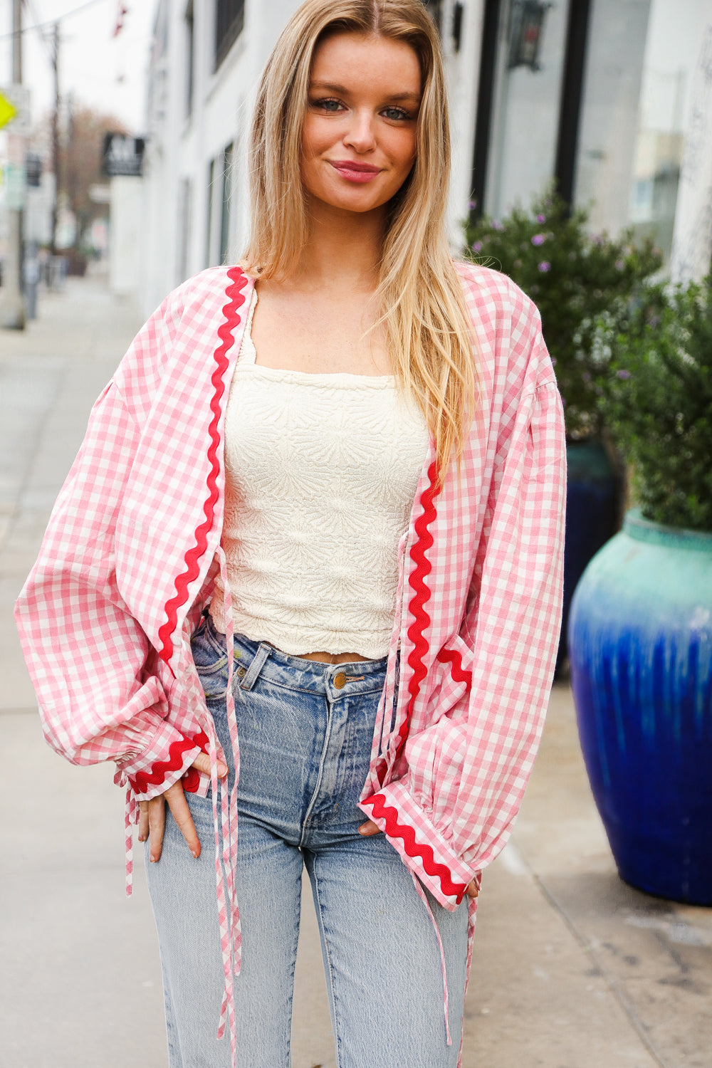 Red & Pink Cotton Ribbon Tie Gingham Pocket Jacket