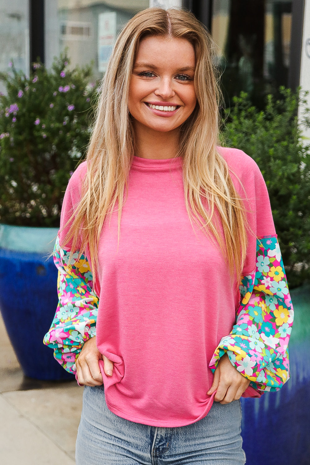 Pink & Floral Bubble Sleeve French Terry Pullover