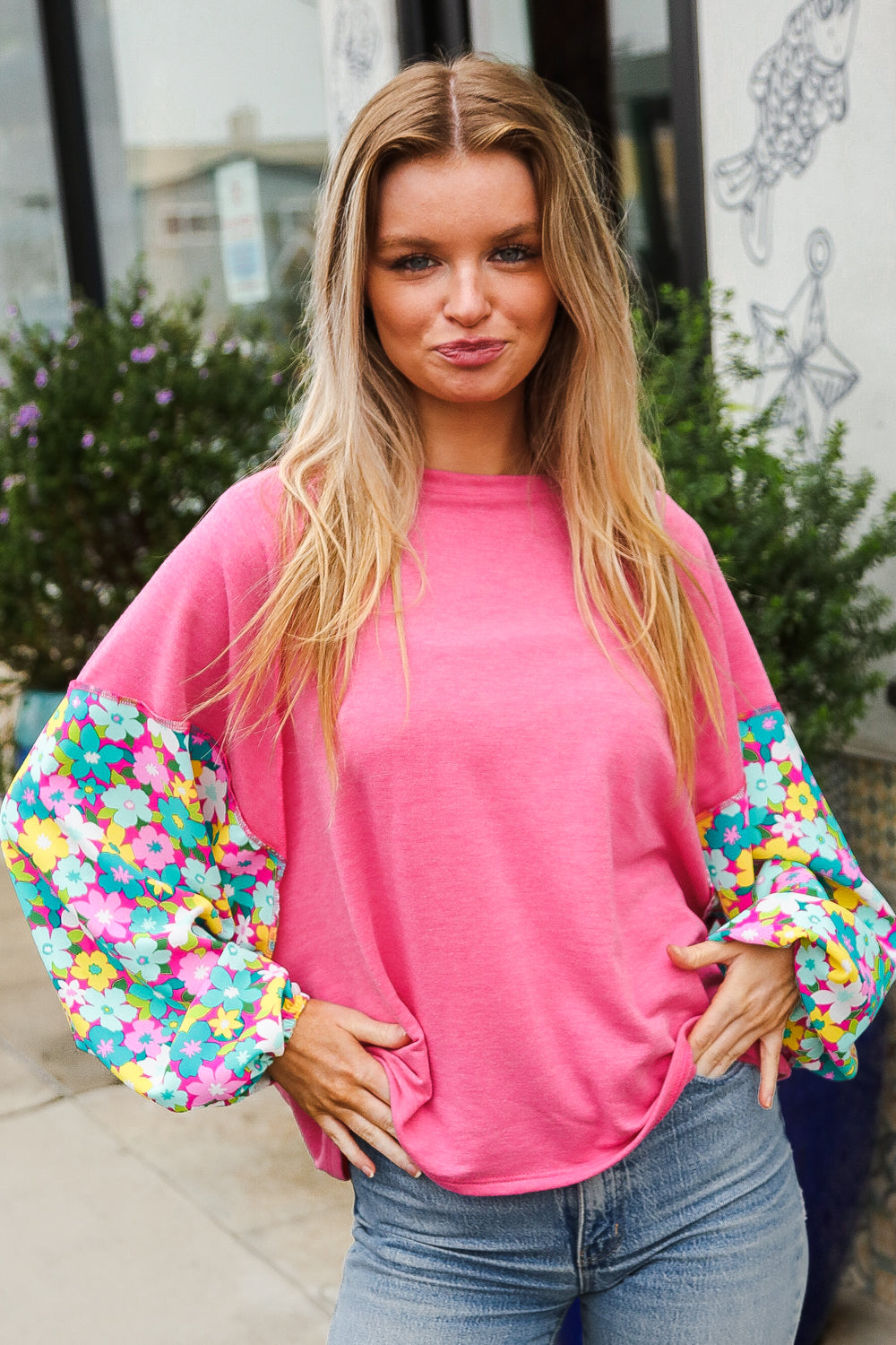 Pink & Floral Bubble Sleeve French Terry Pullover