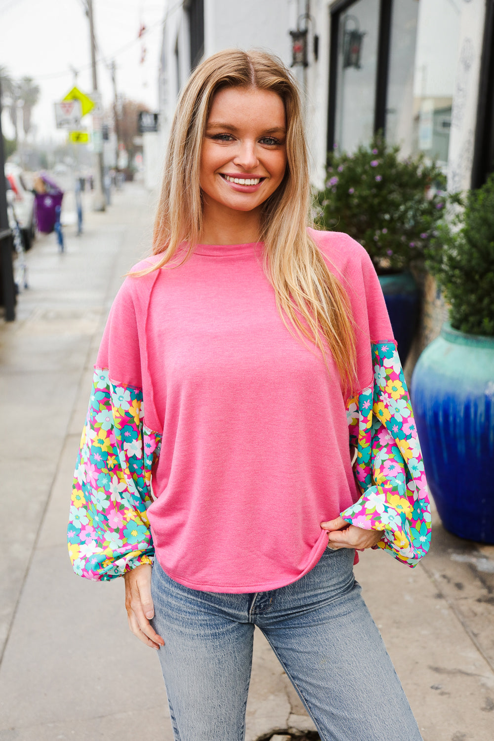 Pink & Floral Bubble Sleeve French Terry Pullover