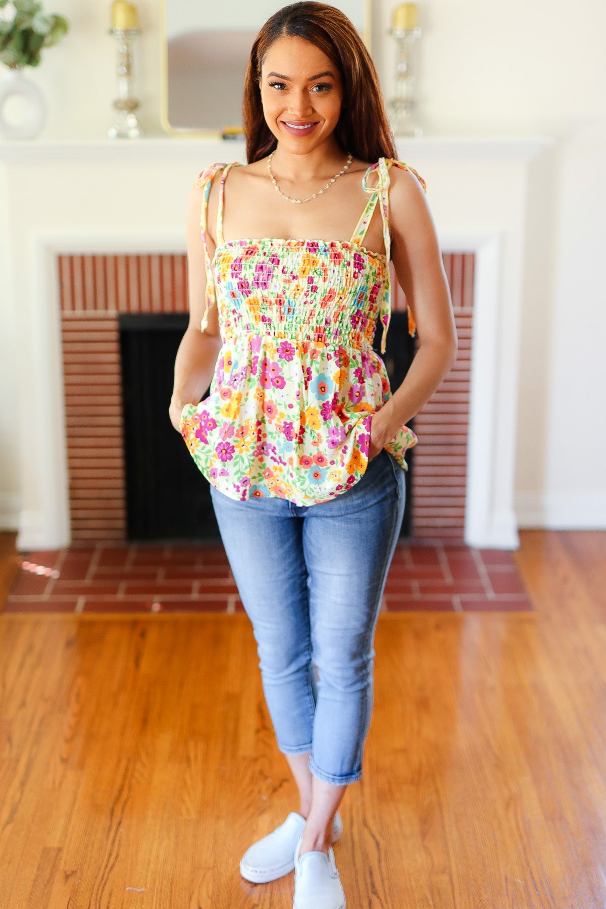 Haptics Yellow Floral Smocked Shoulder Tie Top