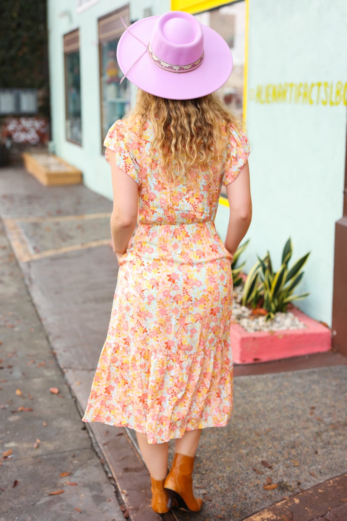 Haptics Peach Floral Print Elastic Waist Ruffle Midi Dress