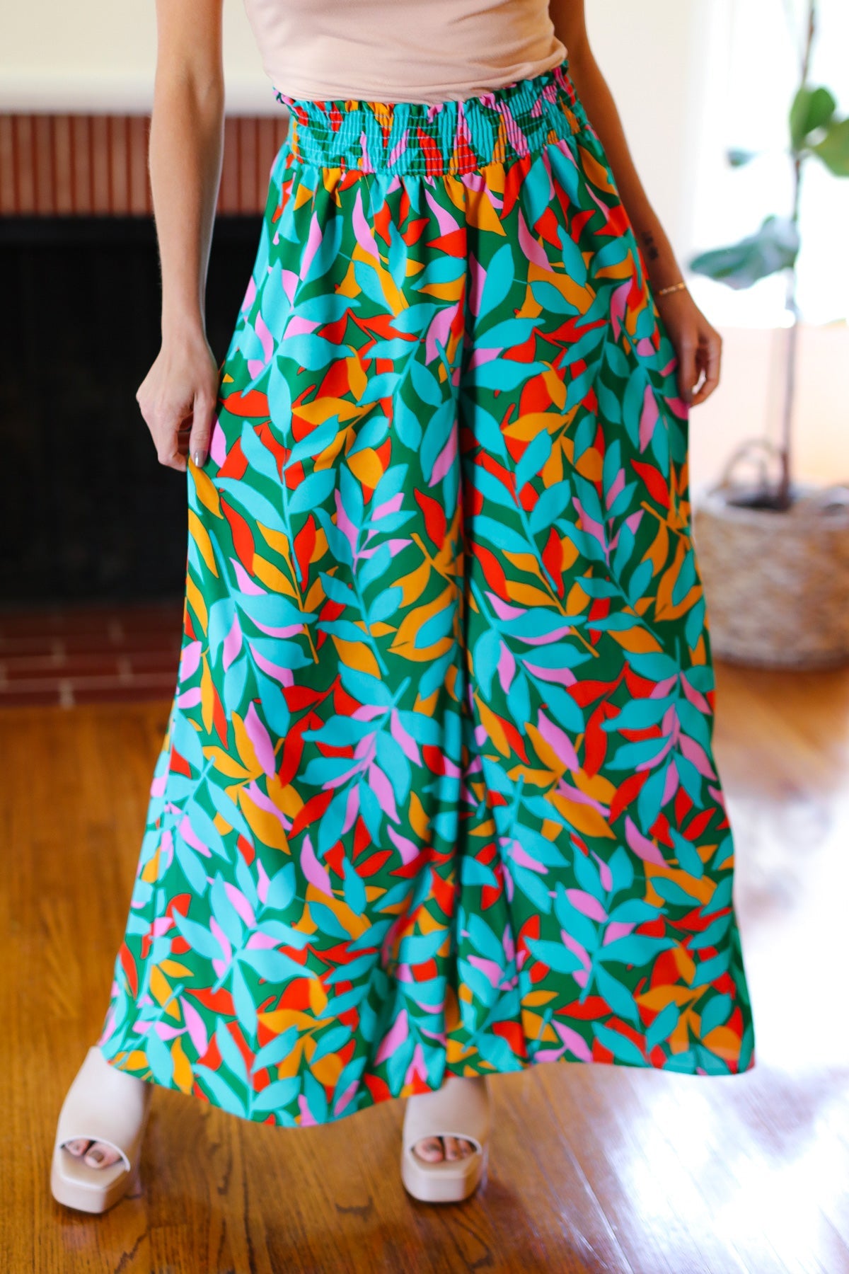 Haptics Green & Orange Abstract Print Smocked Palazzo Pants