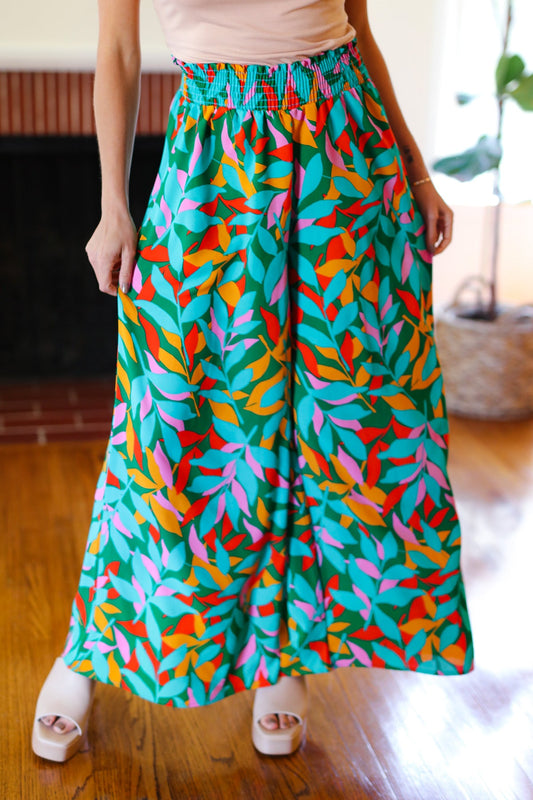 Haptics Green & Orange Abstract Print Smocked Palazzo Pants