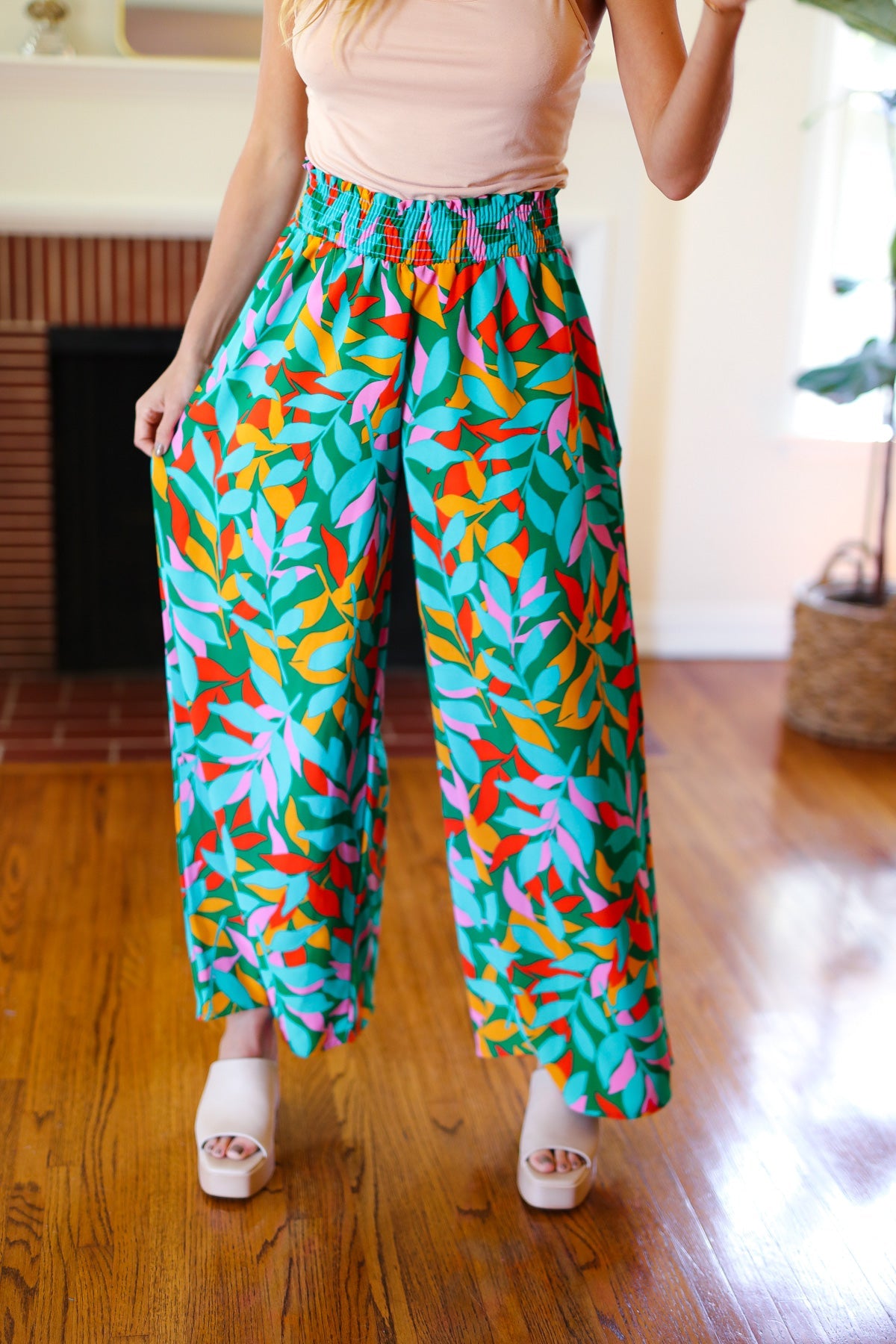 Haptics Green & Orange Abstract Print Smocked Palazzo Pants