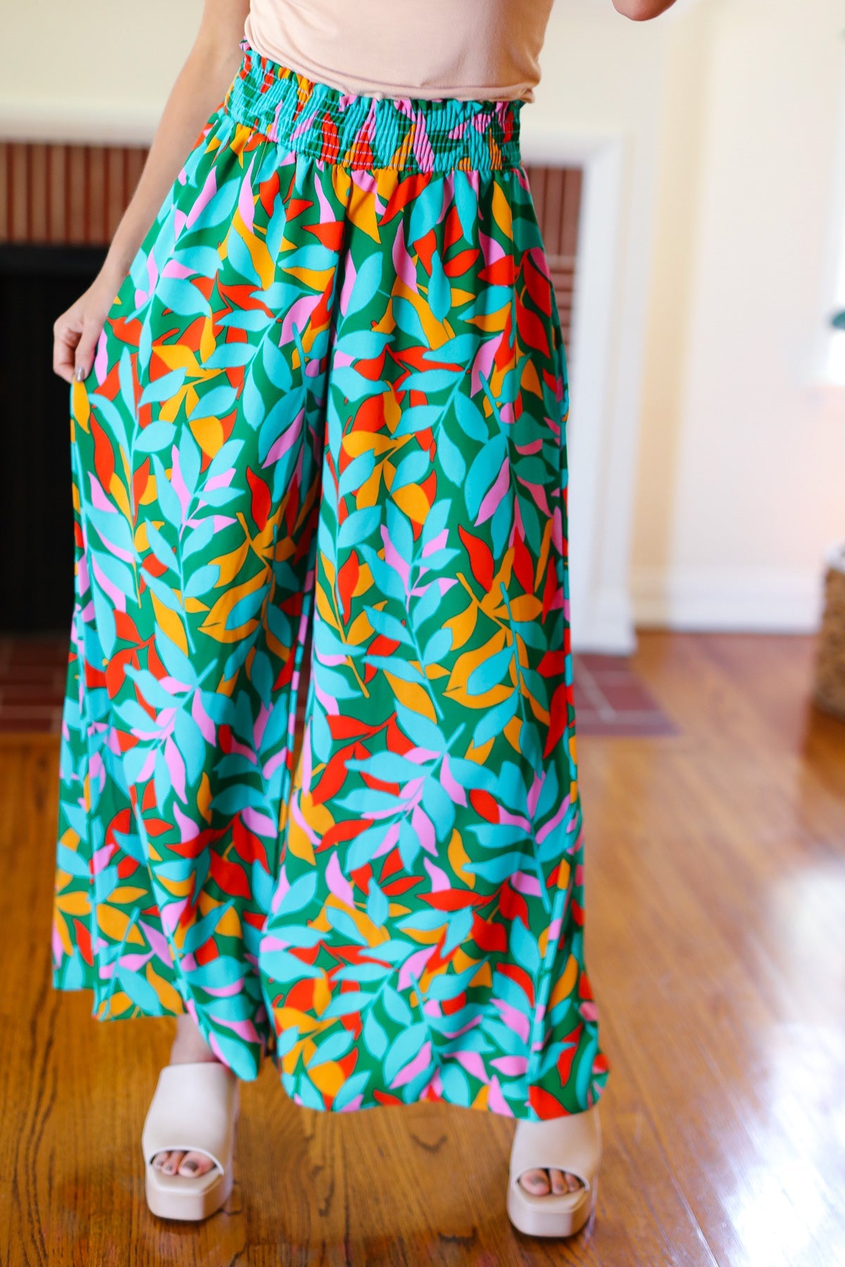 Haptics Green & Orange Abstract Print Smocked Palazzo Pants