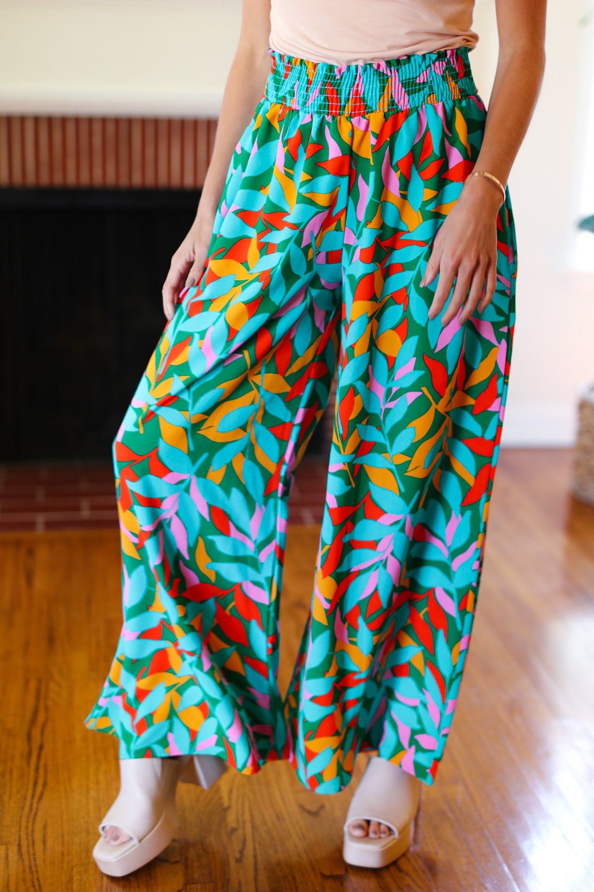 Haptics Green & Orange Abstract Print Smocked Palazzo Pants