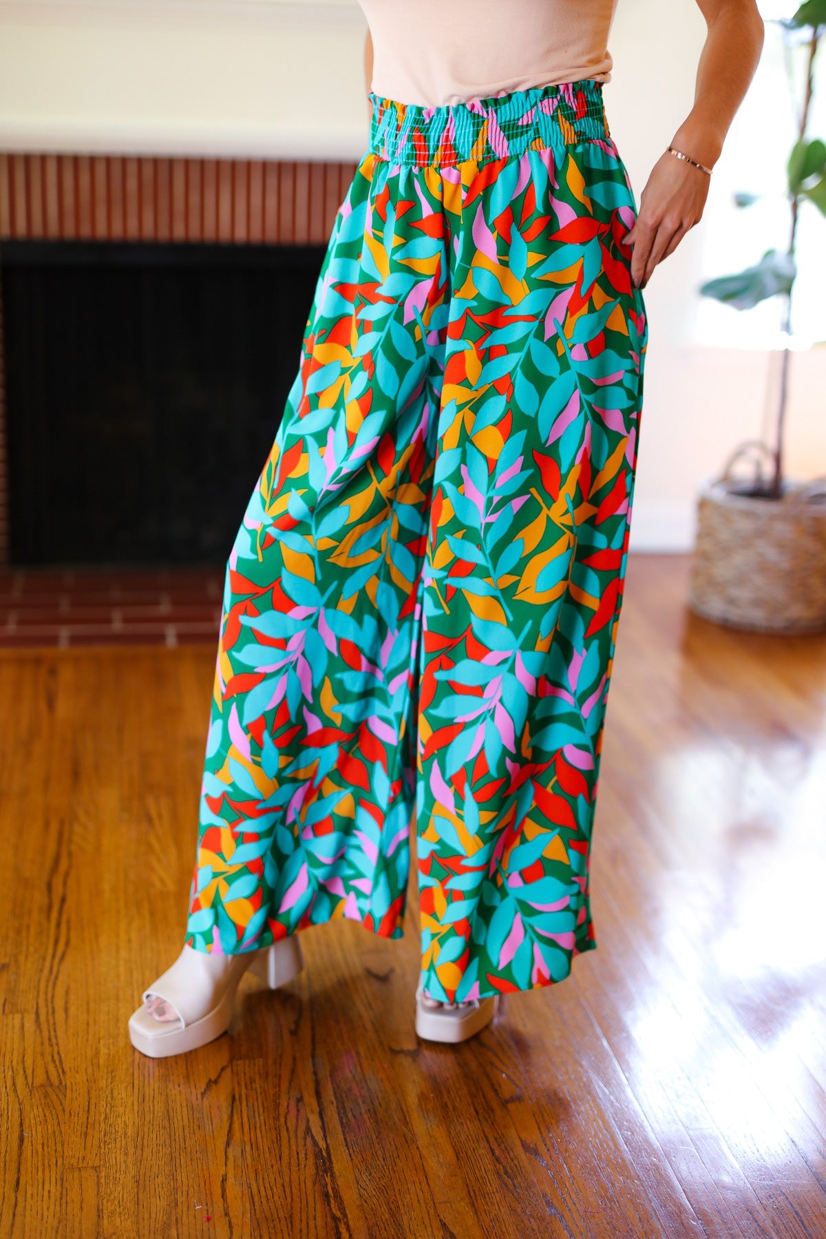 Haptics Green & Orange Abstract Print Smocked Palazzo Pants