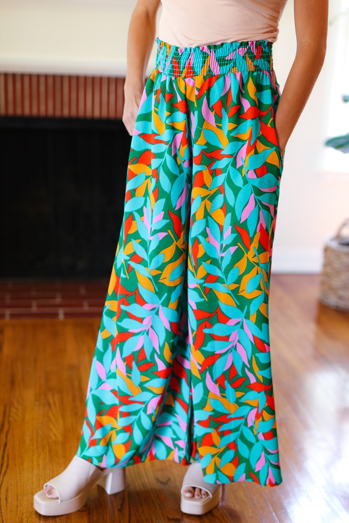 Haptics Green & Orange Abstract Print Smocked Palazzo Pants