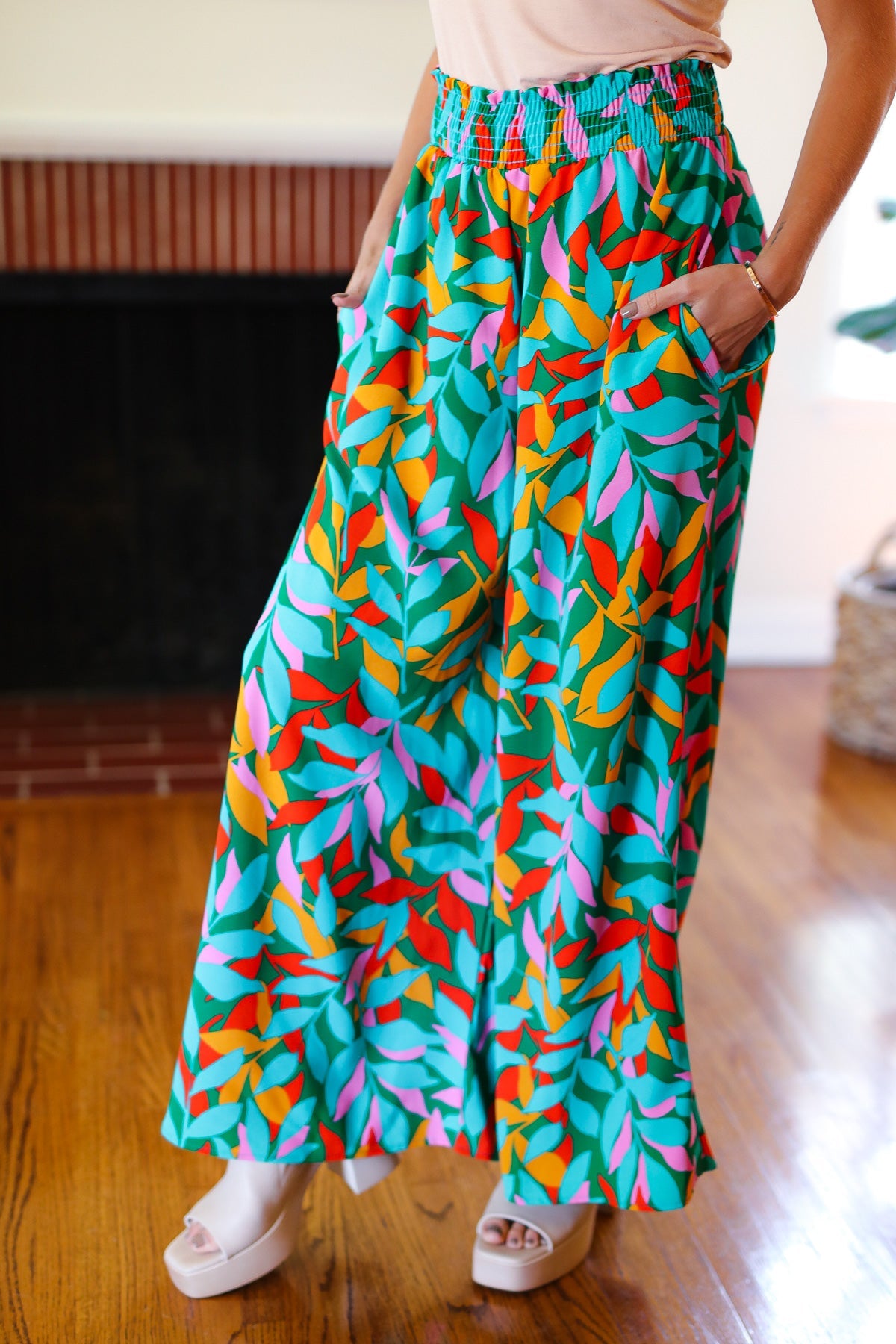 Haptics Green & Orange Abstract Print Smocked Palazzo Pants