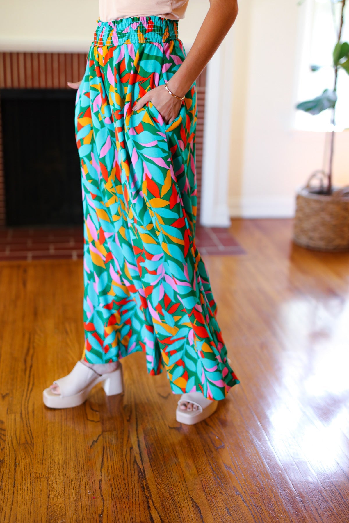 Haptics Green & Orange Abstract Print Smocked Palazzo Pants