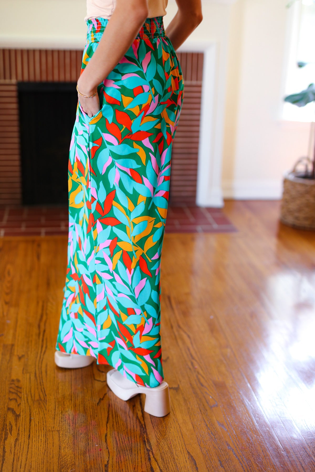 Haptics Green & Orange Abstract Print Smocked Palazzo Pants