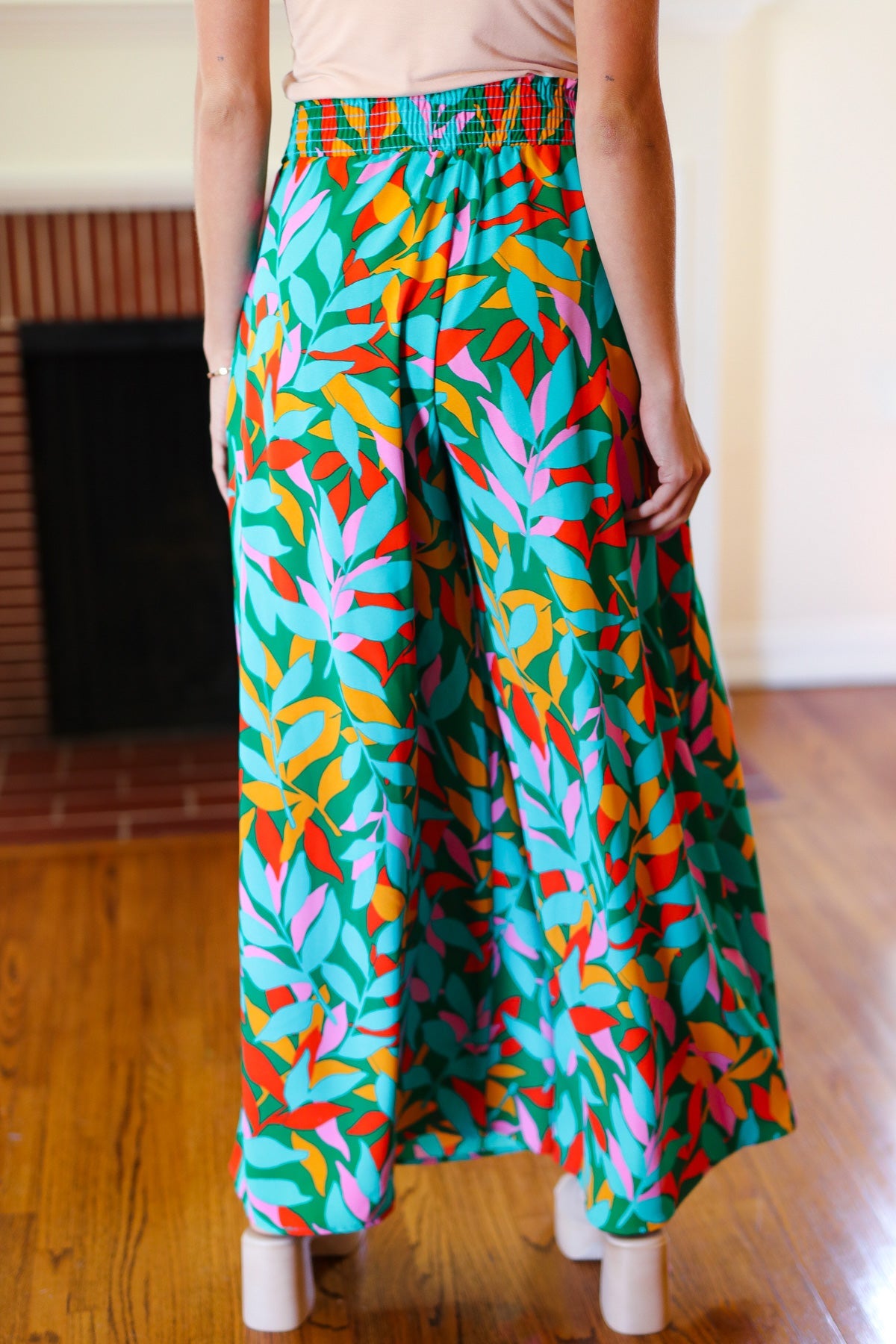 Haptics Green & Orange Abstract Print Smocked Palazzo Pants