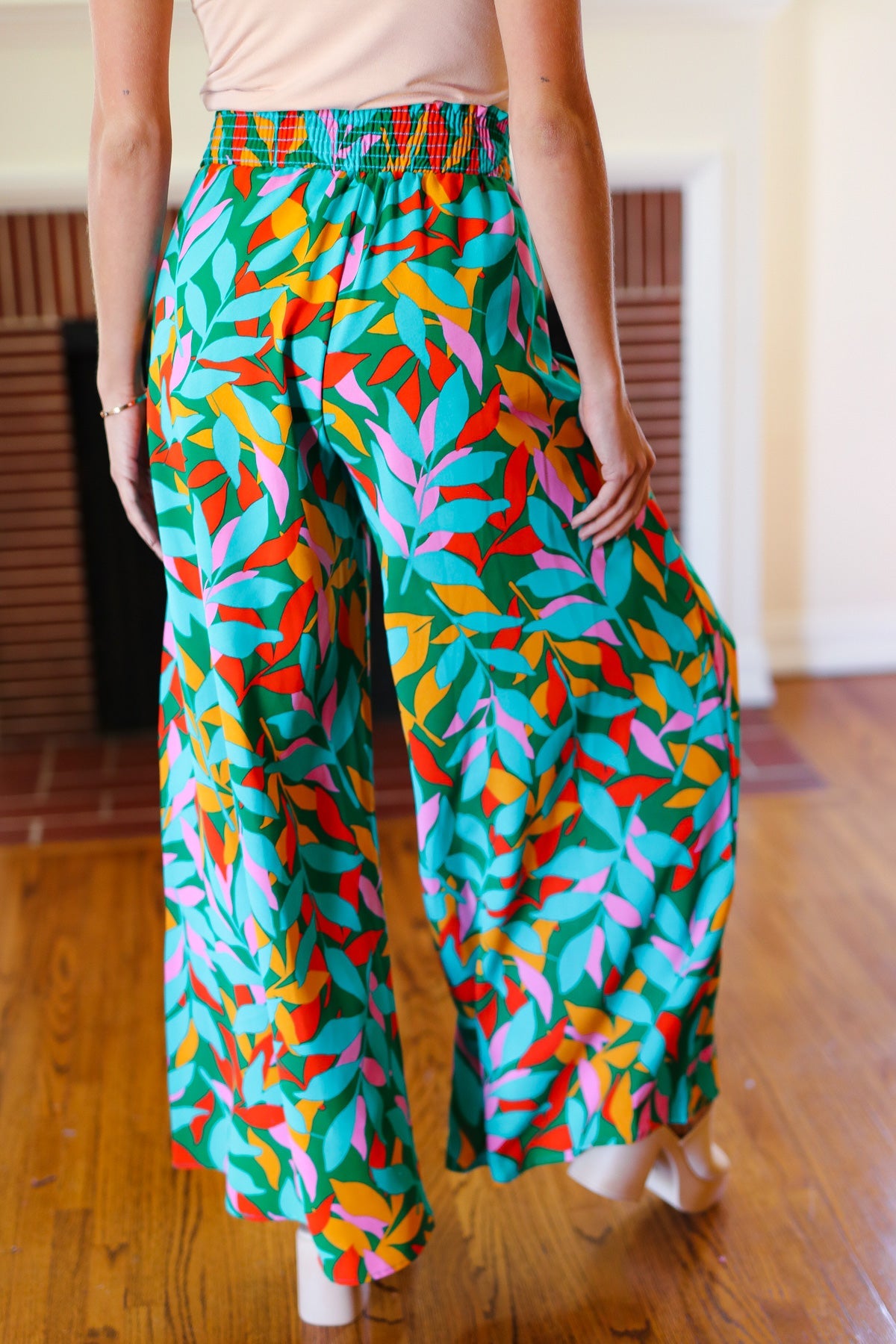 Haptics Green & Orange Abstract Print Smocked Palazzo Pants