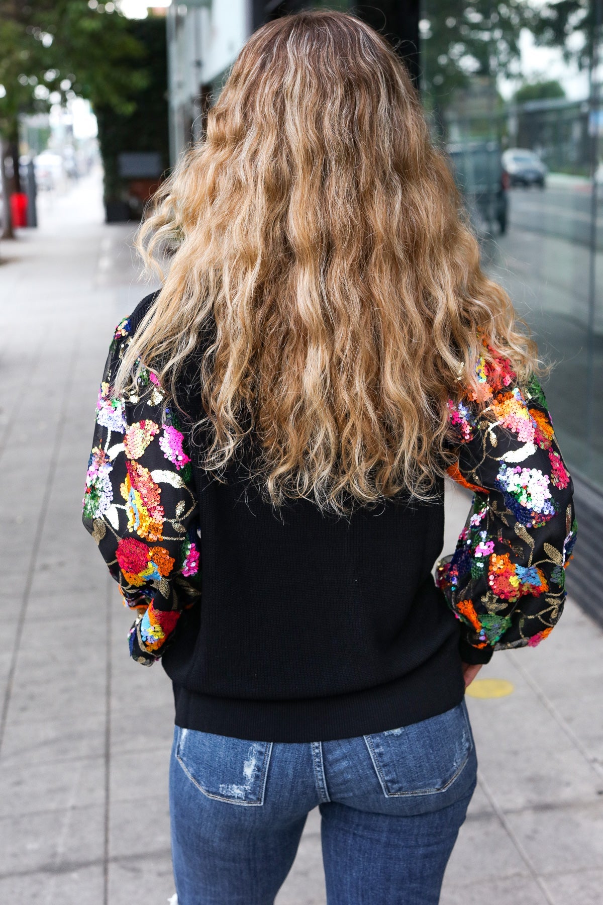 Haptics Black Floral Sequin Mesh Sleeve Rib Knit Top