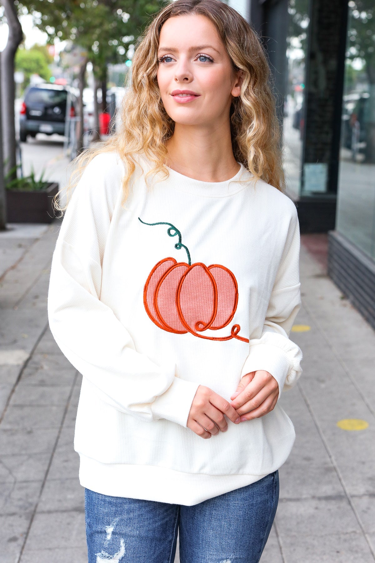 Haptics Ivory Embroidered Pumpkin Knit Sweater